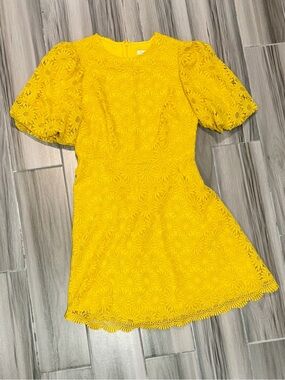 Shoshanna Yellow Floral Eyelet Puff-Sleeve Midi Dress